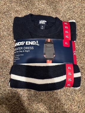 Lands' End Navy and White Striped Sweater Dress
